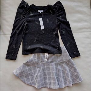 NWT MIA NEW YORK Girls Sequin Plaid Skirt & Black Crystal Bow Top Outfit 6x $130